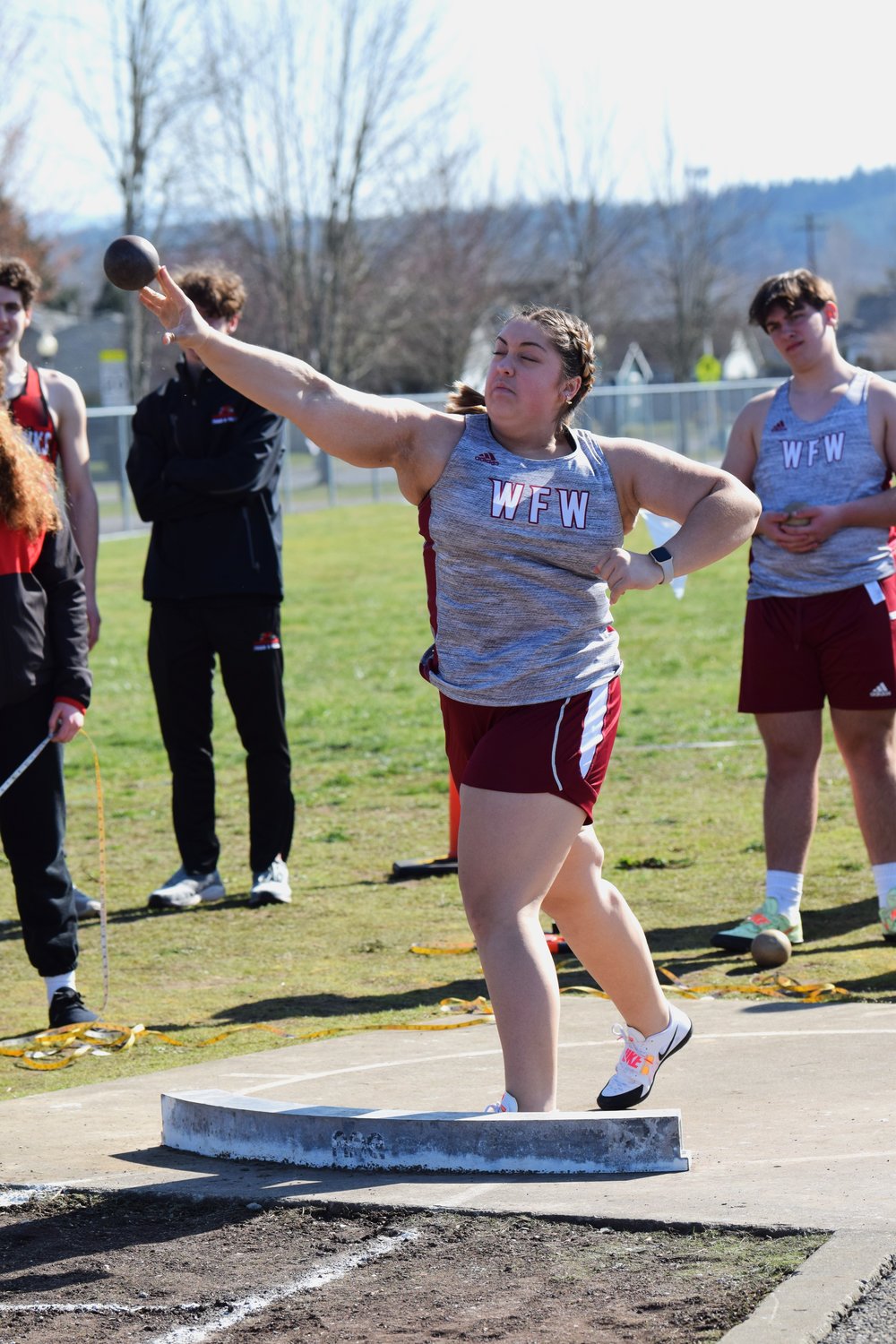 KD Obtinario lets the shot put go at the Cardinal Relays on March 18 in Orting.